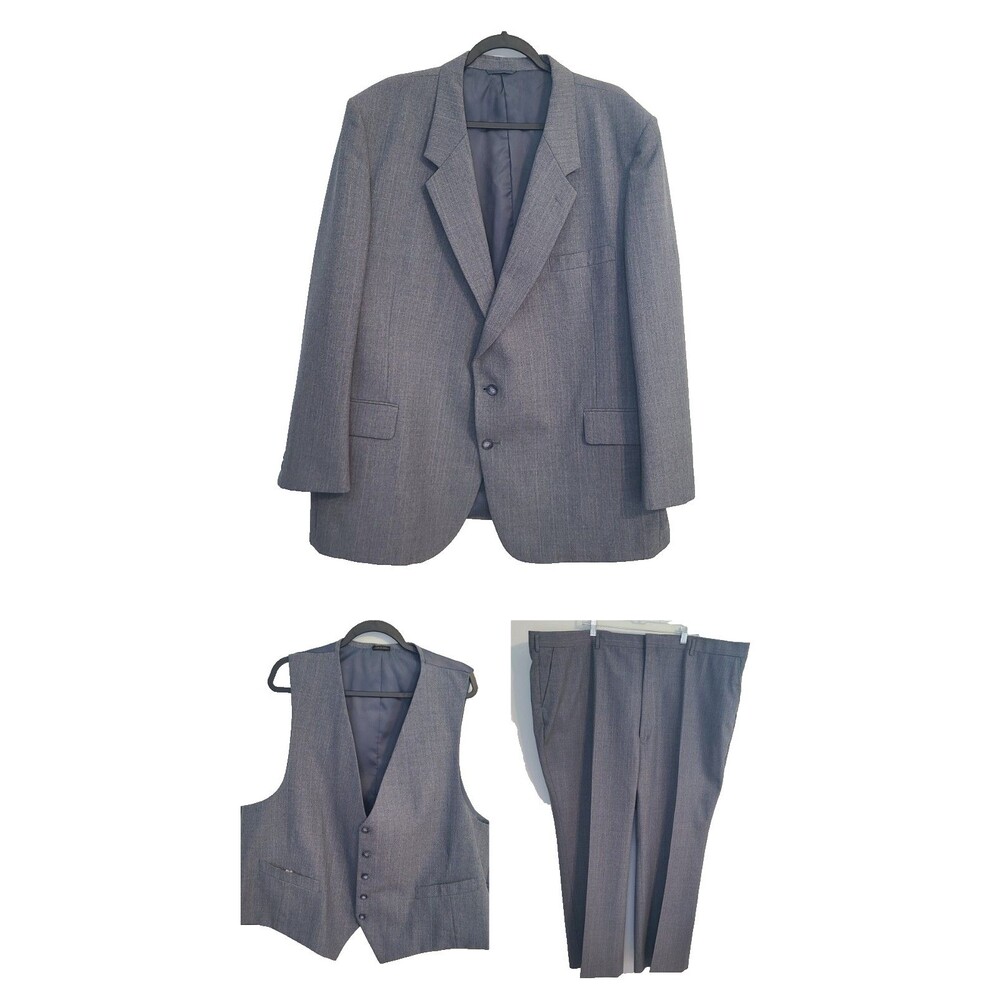 Francois Maurel VTG 3 Pc Suit Mens 54R Blue Gray Wool Blend Dark Academia 80 90s